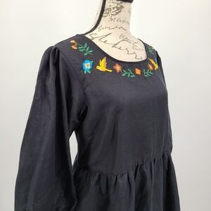 Princess Highway Floral & Hummingbird Embroidery Linen Blend Smocked Dress